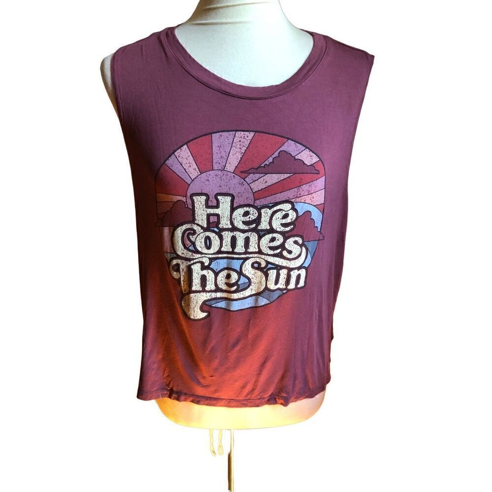 "HERE COMES THE SUN" Beatles George Harrison Song Burgundy slouchy tank crop top